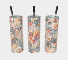 Load image into Gallery viewer, Three stainless steel tumblers with orange and gray abstract patterns, each equipped with a slide top opening and a straw.