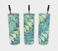 Load image into Gallery viewer, Three stainless steel tumblers with blue geometric patterns, each with a slide top cover and a straw.