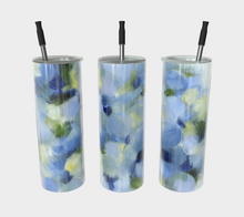 Load image into Gallery viewer, A set of three stainless steel tumblers with a misty blue floral print and black lids, featuring a slide top opening and metal straws.