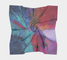 Load image into Gallery viewer, A multicolored silk scarf with a abstract pattern, featuring shades of blue, purple, pink, and yellow.
