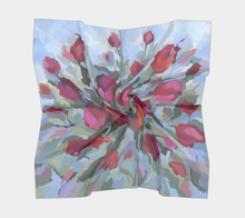 Load image into Gallery viewer, A multicolored floral silk scarf with a square shape, featuring an abstract design with prominent pink and red tones.